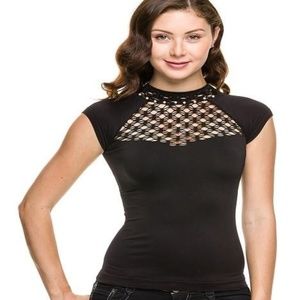 Black Seamless Fishnet Faux Pearl Neckline Top
